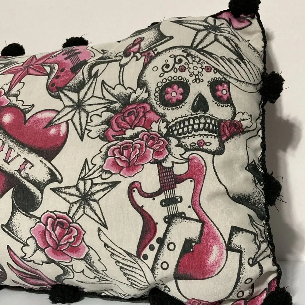 DAY of THE DEAD Rock Guitar Pink Roses Accent Throw Pillow 12 x 8 in Set of 2